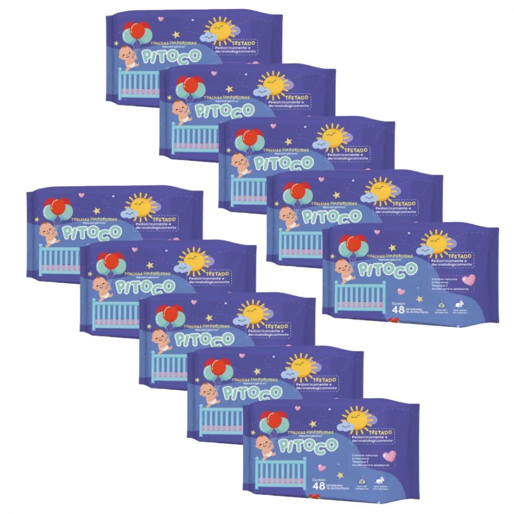 Pitoco Kit com 10 Toalhas Umedecidas Hipoalergênicas 48 Unidades