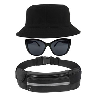 Kit Chapéu Bucket Hat, Pochete Ajustável Impermeável E Óculos de Sol Gateado Feminino Armação Translúcido MD-35