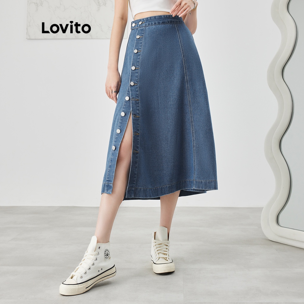 Lovito Saias Jeans Casuais Com Botão Liso Frontal Evasê Saia Jeans Midi Para Mulheres L47AD059 (Azul Escuro) - Women Clothes