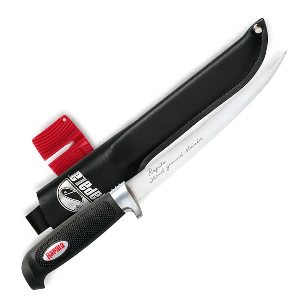 Combo Faca Fileteira Rapala Soft Grip Fillet 6" 15cm Aço Inox + Bainha e Afiador