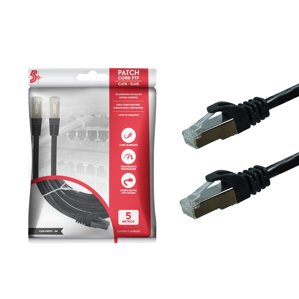 Cabo De Rede 5 Metros Rj45 Cat6e Alta Qualidade - Preto - 5+