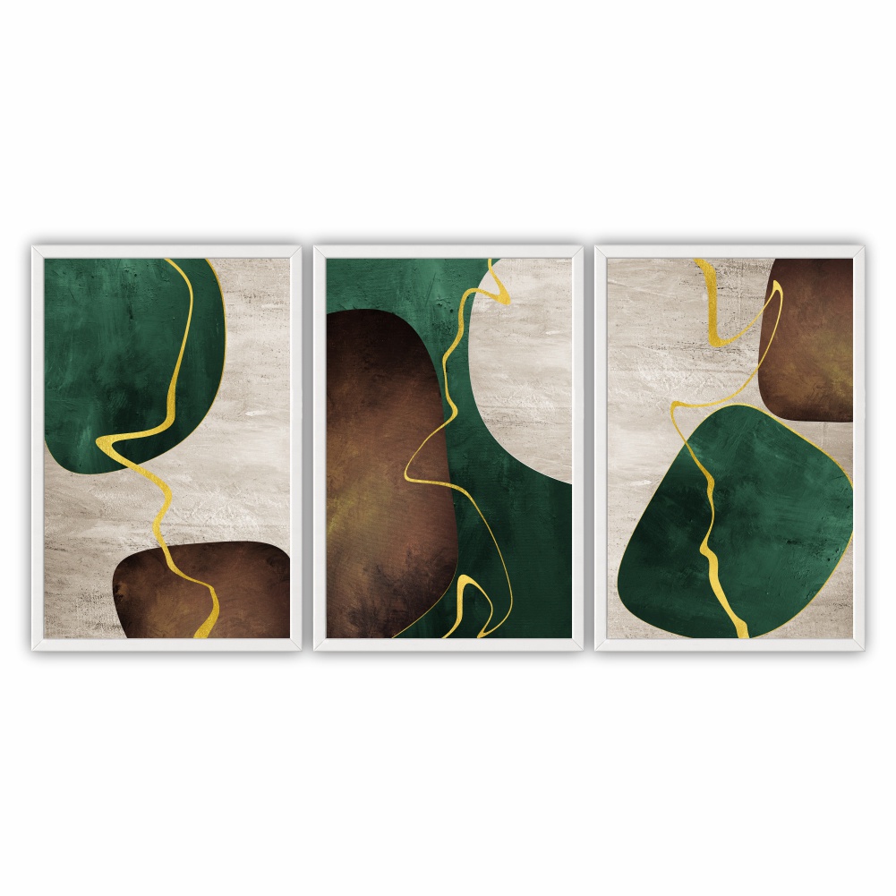 Trio Quadros Decorativos com Moldura de Madeira 120x60 total Arte Boho Verde Marrom para Decoração de Sala Quarto Escritório e outros Ambientes
