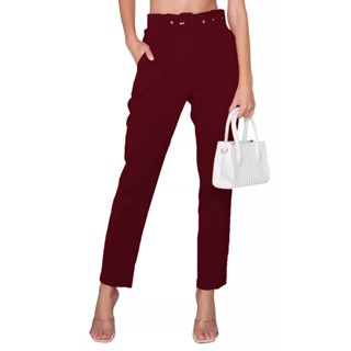 Calça Feminina Alfaiataria Social Cinto Cintura Alta Linho
