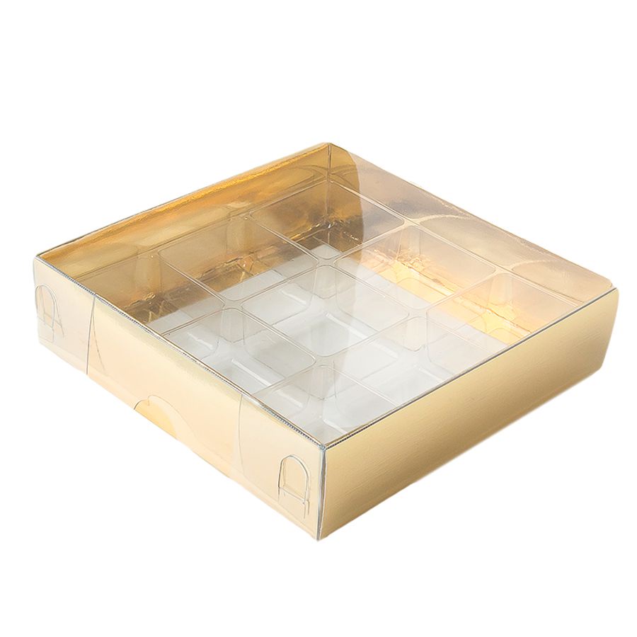Caixa 9 Doces com Berço Tampa Transparente Nº 6 (11,5cm x 11,5cm x 3cm) Dourada 10 unidades Assk Rizzo Embalagens - Stationery