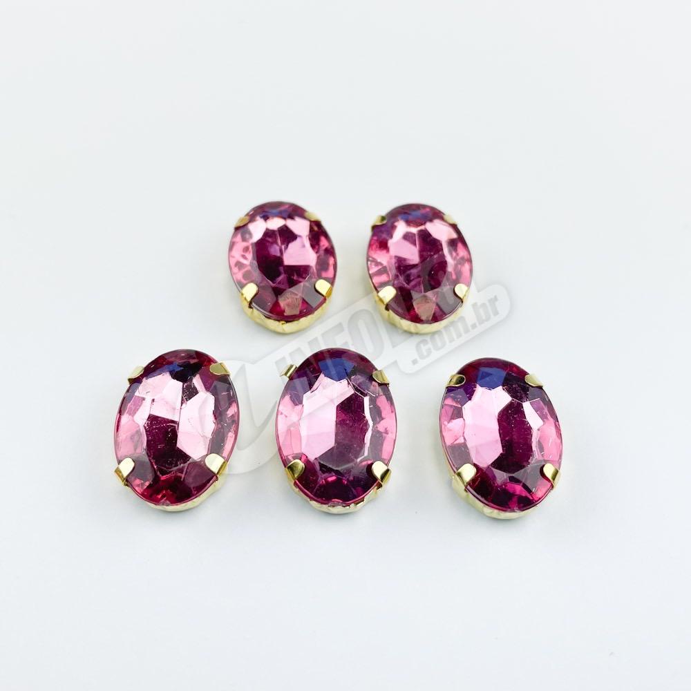 Chaton Acrilico Oval Rosa Chiclete Engrampado Dourado 13x18mm - 5 unidades