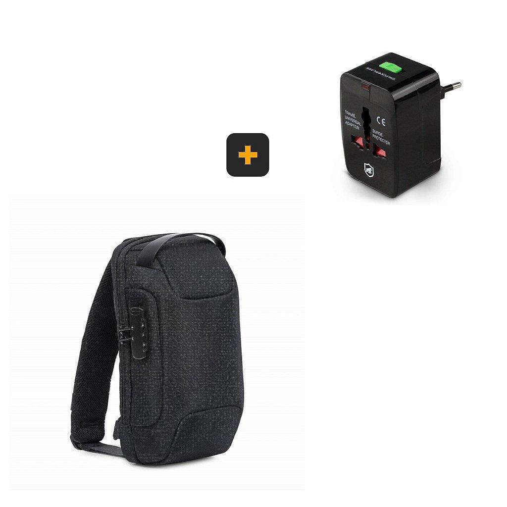 Adaptador Universal Viagem + Mochila Transversal de ombro Locker - com antifurto - Gshield