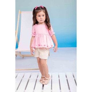 Conjunto Feminino de Blusa Tecido Leve Mesclado com Bordado Butterrfly Shorts Sarja Paraiso 15430