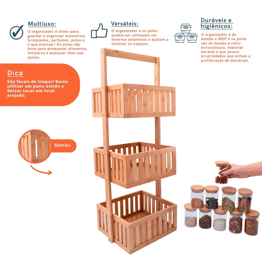 Detalhes do Kit com organizador multiuso ripado 3 andares e 10 potes de vidro com tampa de bambu 250ml- Oikos