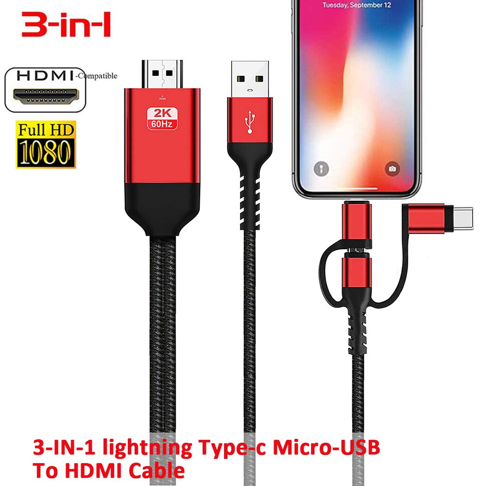 Adaptador De Cabo HDMI 3 Em 1 USB C/Lightning/Micro MHL Para Telefone Espelhado TV/Projetor/Monitor HDTV 1080P