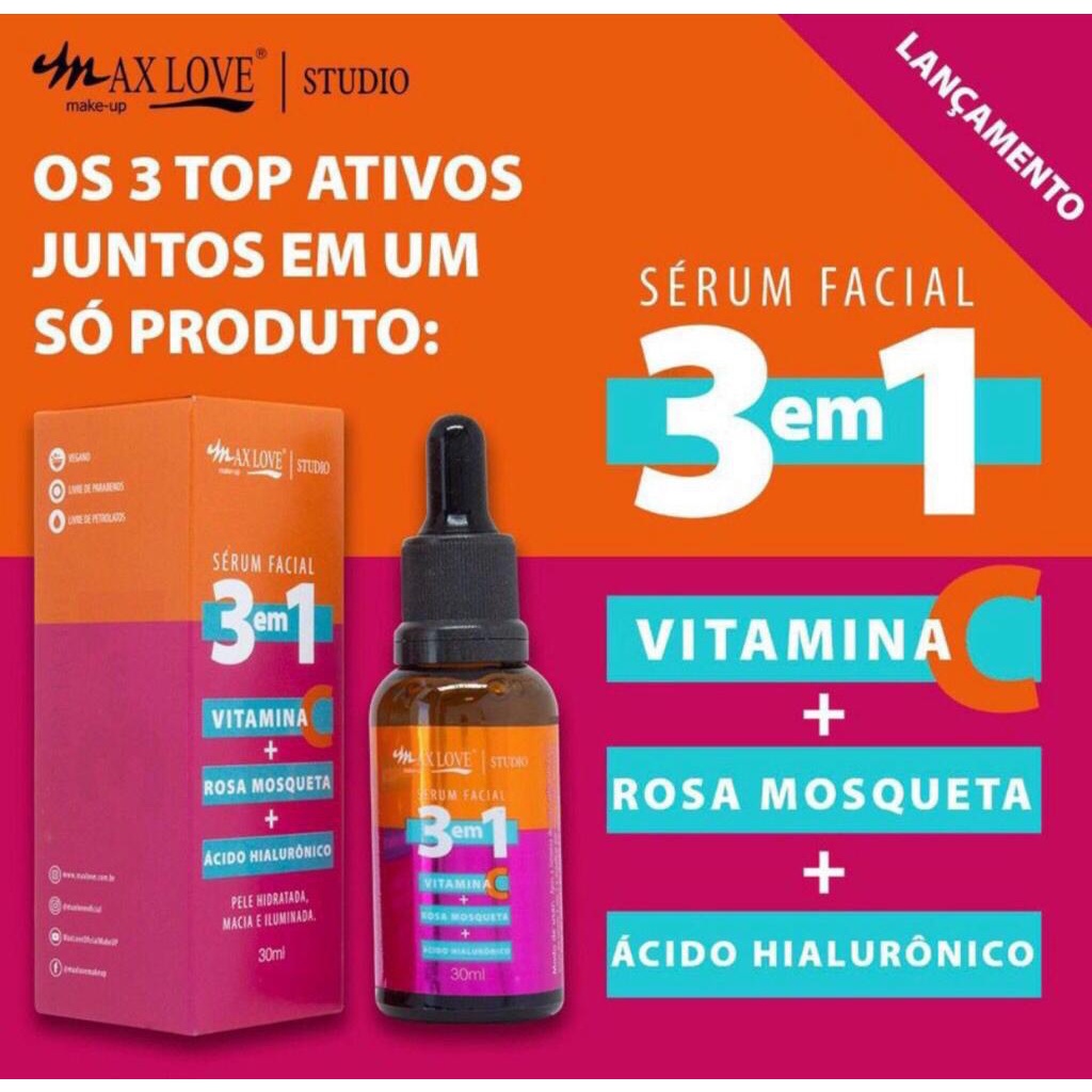 Sérum Facial 3 Em 1 Vitamina C + Rosa Mosqueta + Ácido Hialurônico 30ML Max Love