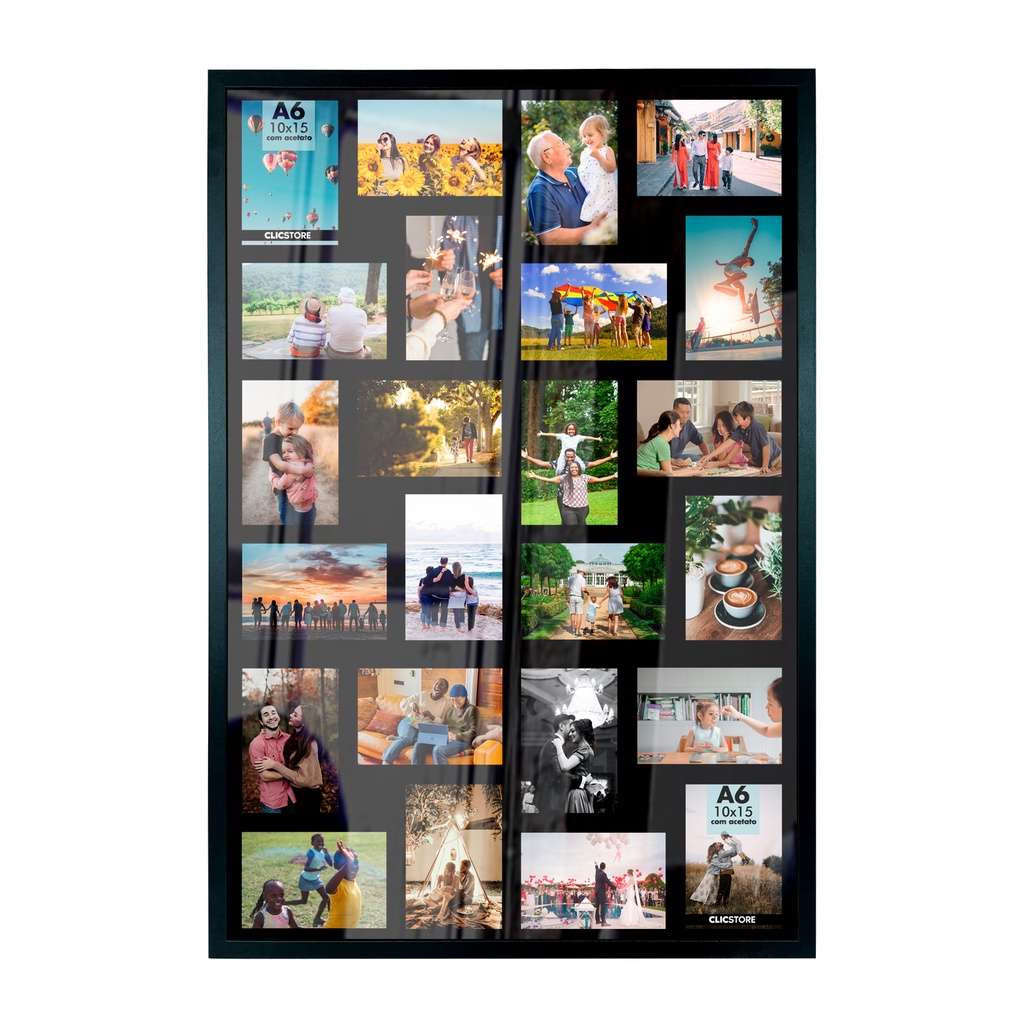 Quadro Multifotos 24 Foto 10x15 Mural Painel Moldura 60x90cm Parede Sala Quarto Fundo Pret...