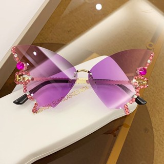 2023 Novo Estilo Borboleta Em Forma De Diamante Óculos De Sol Sem Moldura Feminino Moda Feminina Exclusiva Exagerada Europeu Americano Influenciador