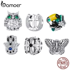 Bamoer 925 Silver Sterling Retro Fatima's Hand E Cross Beads Para Presentes De Bracelete De Bricolage