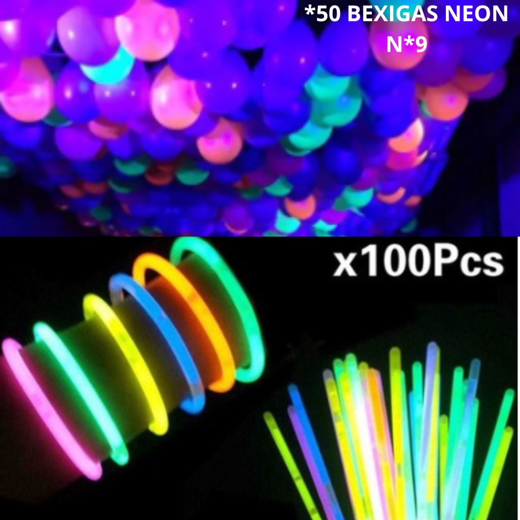 KIT NEON 100 Pulseira Neon Alto Brilho 50 BEXIGAS Neon 9 PARA FESTA DE ANIVERSARIO E BALADAS E CASAMENTOS
