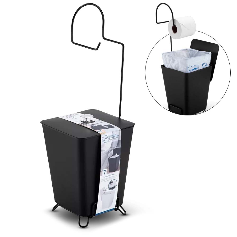 Suporte De Chão P/ Papel Higiênico Lixeira Quadrada 7L Inox - Home & Living