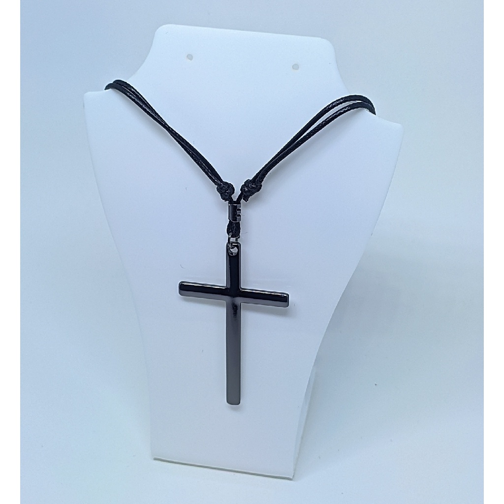 Colar Cordão Fio de Couro Encerado com Pingente Cruz Crucifixo Grande Ajustável Black Preto Masculino/Feminino