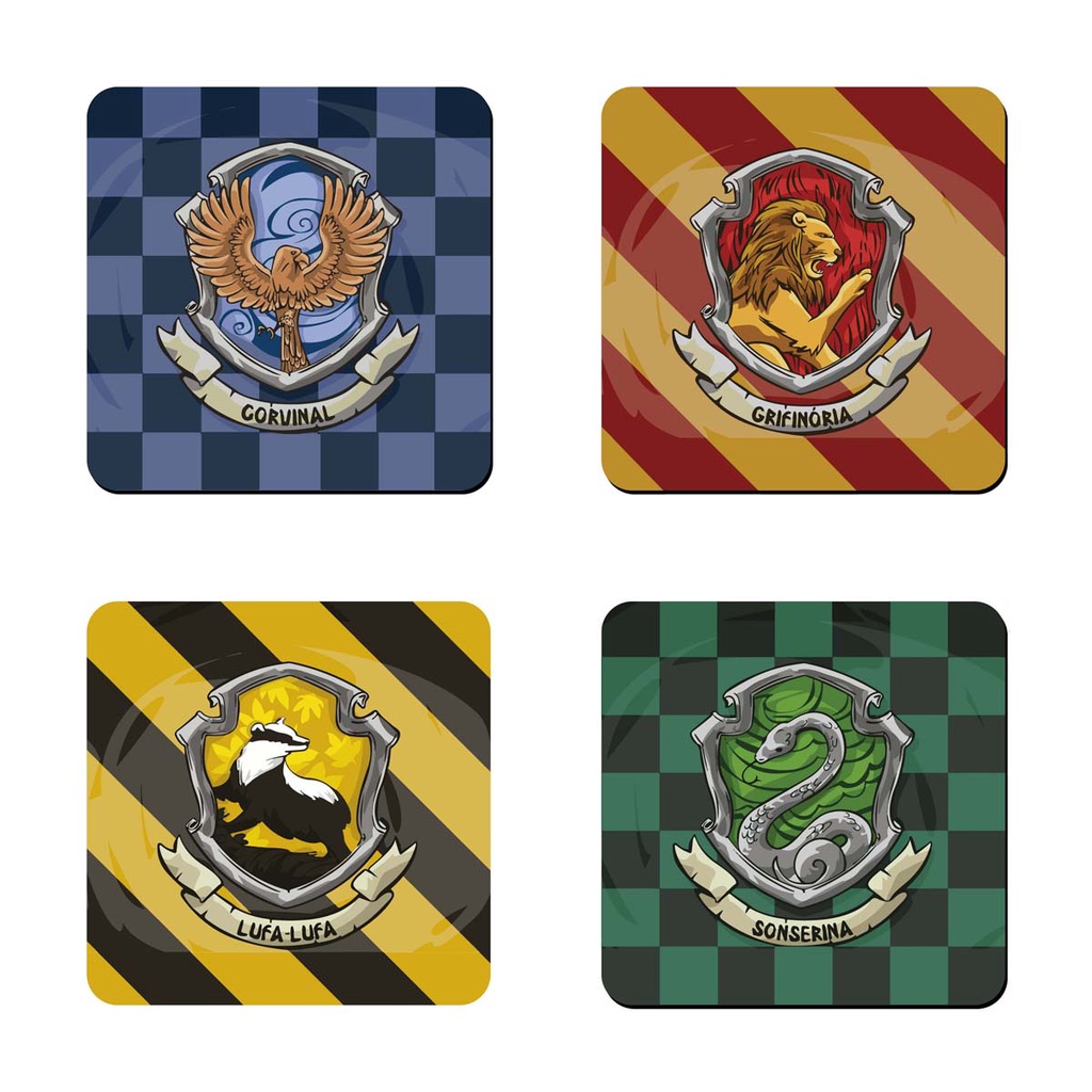 Kit 4 Porta Copos Bolacha Descanso MDF Decoração Mesa Posta Madeira Harry Potter Escolas de Magia Brasão Simbolo Corte