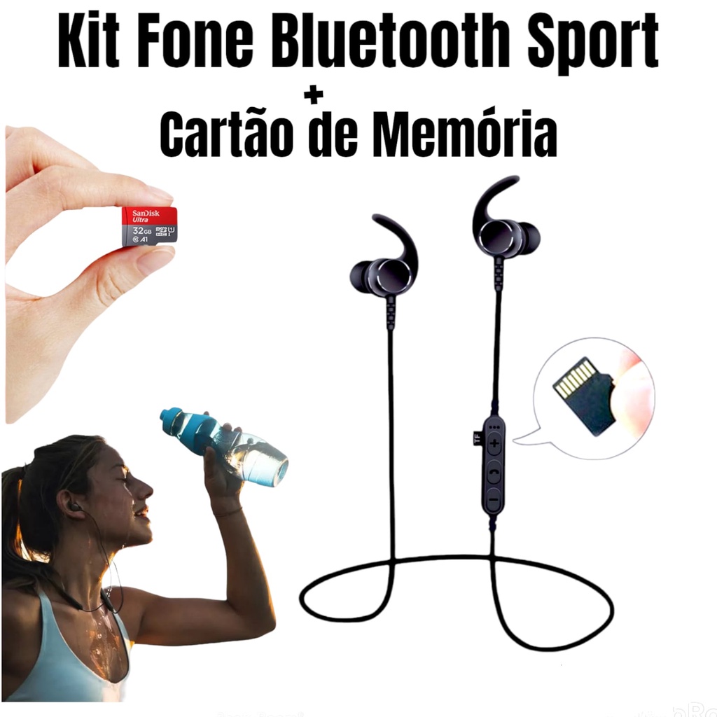 Kit Fone de Ouvido Intra auricular Bluetooth mais Cartão de Memória 32gb para Corridas e Academia