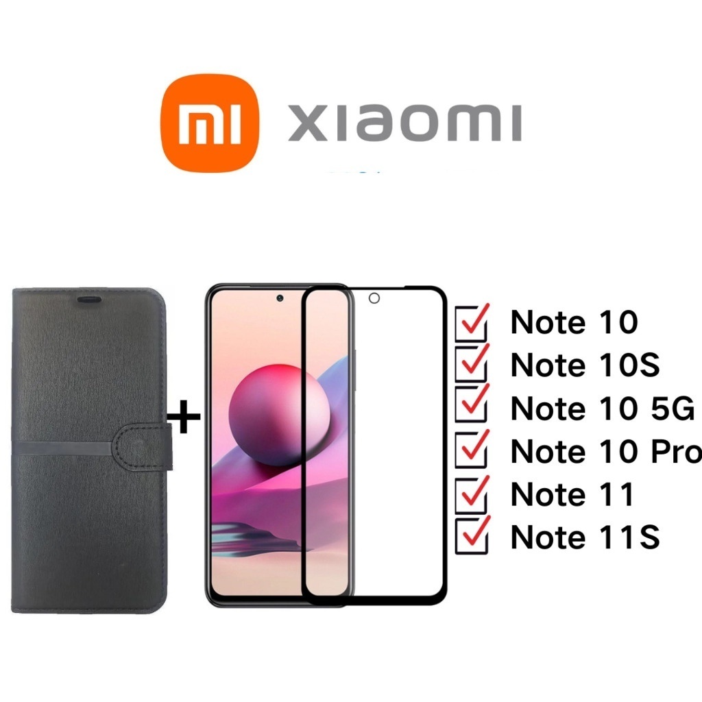 Kit Pelicula de Vidro 3D 9D Anti Shock + Capinha Carteira Flip Para Xiaomi Redmi Note 10/ Note 10S/ Note 10 5G/ Note 10 Pro/ Note 11/ Note 11S Pronta Entrega