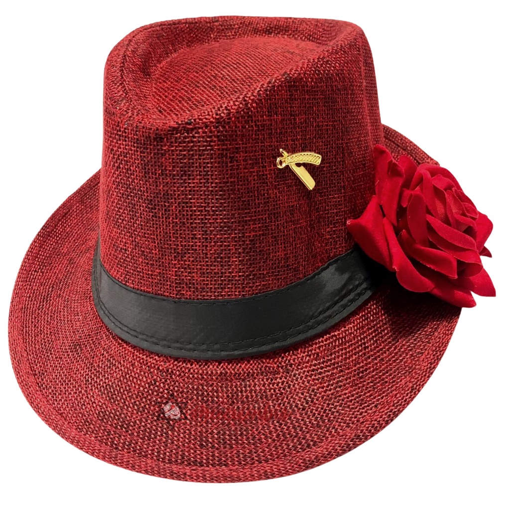 Chapeu Maria Navalha Malandra Vermelho com Rosa e Pingente
