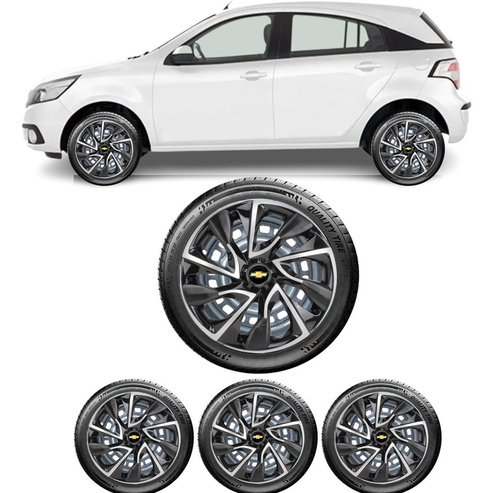 Jogo 4 Calotas Esportiva Ds4 Preto/Prata Aro 13 GM Chevrolet Agile 2010 2011 2012 2013 2014