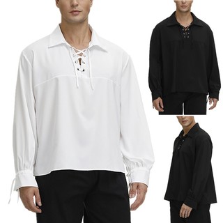Vintage Rendas Até Camisa De Festa De Halloween Homem Cor Sólida Liso Retro Medieval Solto Com Decote Em V Topos Cosplay
