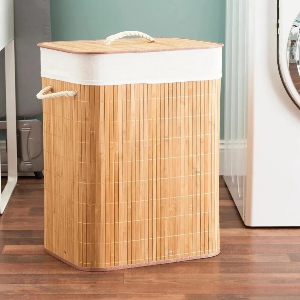 Cesto de Roupa Suja 60 LITROS Lavanderia em Bambu com tampa Retangular Forrado com Alça Brinquedo Quarto Banheiro Dobrável