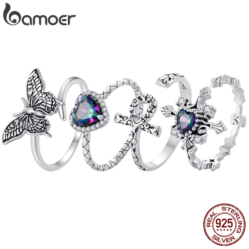 BAMOER 925 Prata Esterlina Vintage Halloween Anel , Coração , Borboleta , Cruz , Elemento Rosa Jóias De Moda Presentes Para Mulheres em Oferta na Shopee