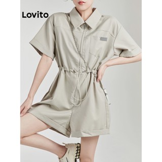 Lovito Casual Macaquinho Feminino Liso de Manga Curta e Cintura Alta com Perna Larga Cordão Zíper e Gola L53AD052 (Cáqui)