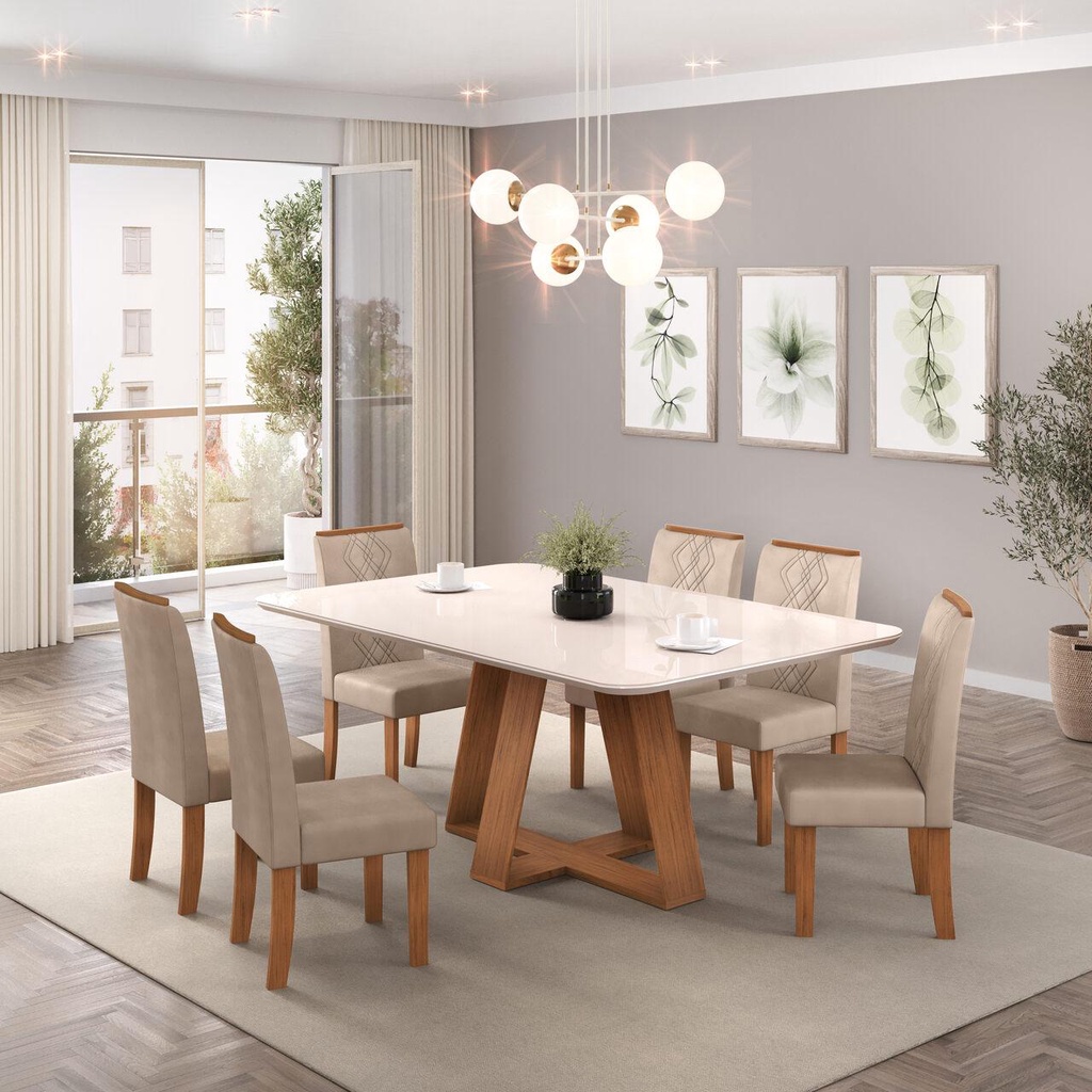 Conjunto Sala de Jantar 6 Cadeiras Tampo de Vidro DJ Móveis Kiara Freijó Ayla Creme em Oferta na Shopee