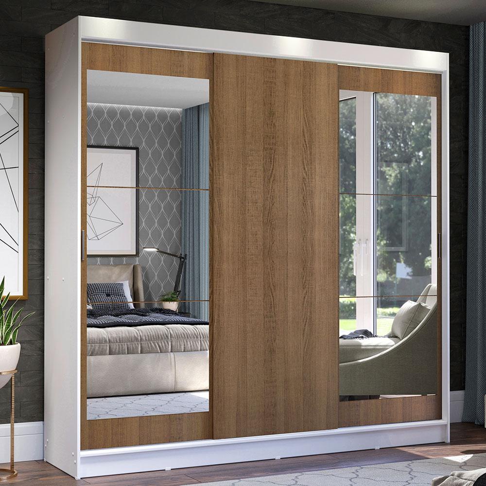 Guarda-Roupa Casal Madesa Istambul 3 Portas de Correr com Espelhos 3 Gavetas - Branco/Rustic