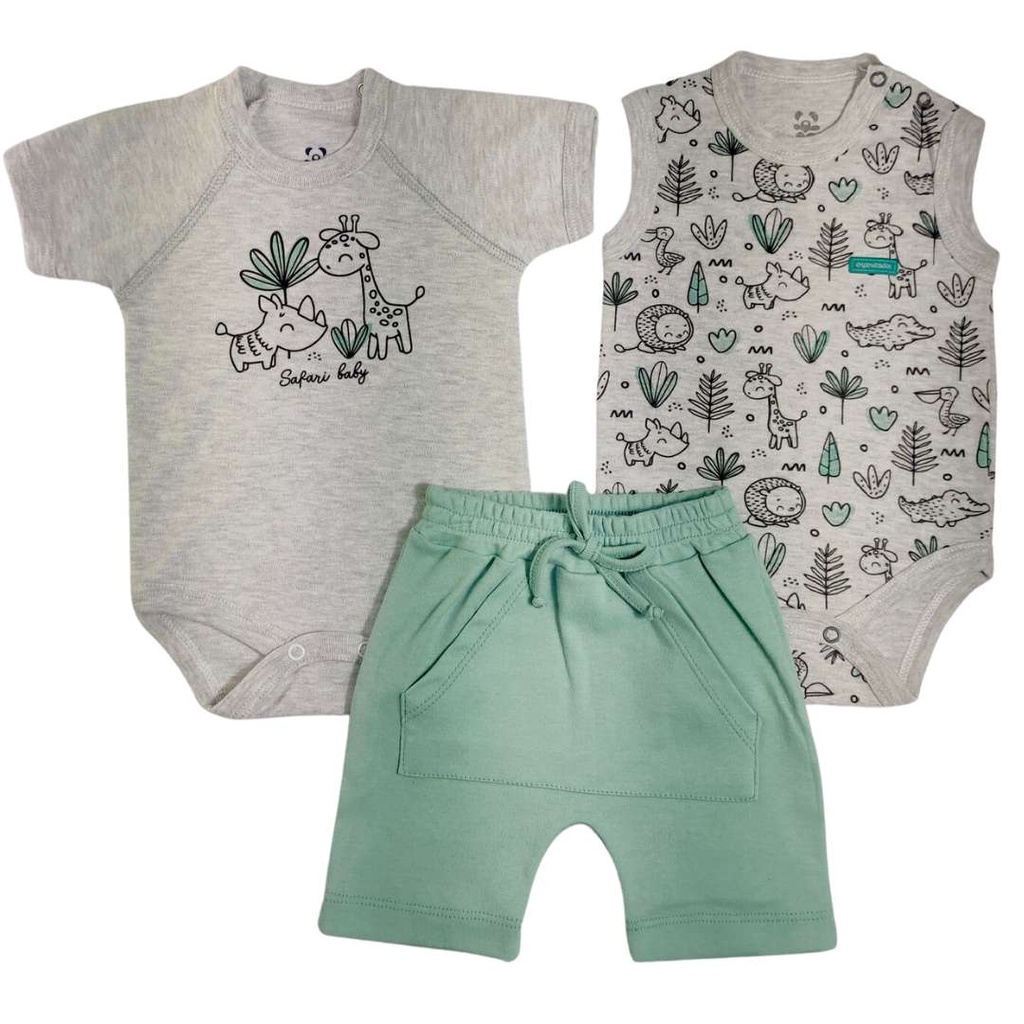 Conjunto curto 3 peças bebê body mescla estampado girafa body regata mescla estampado animais e shorts verde liso com bolso e cordão