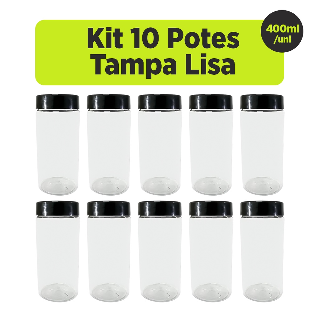 Kit 10 Potes Redondo para Alimentos 400ml Tampa Preta Lista - Home & Living