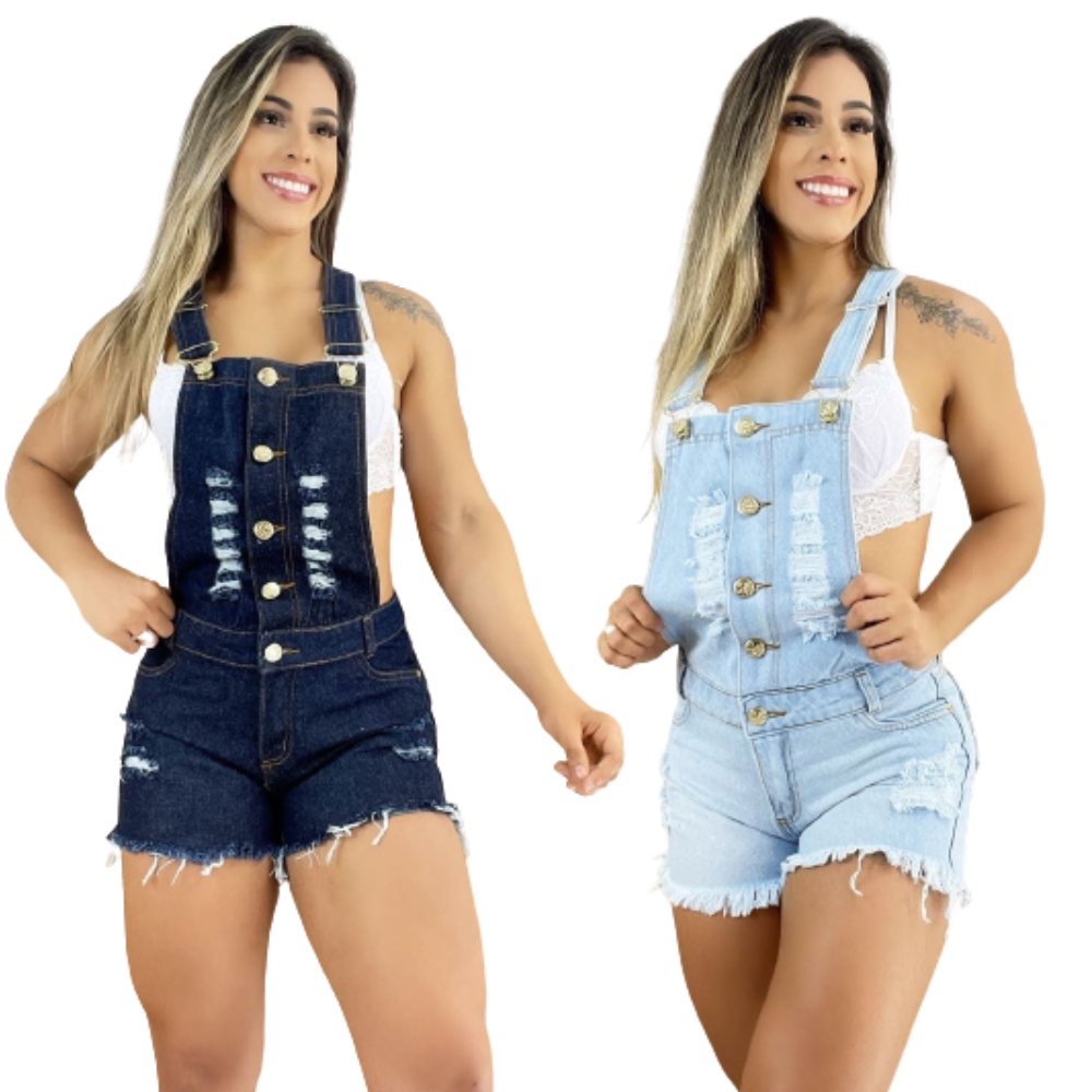 Kit 2 Jardineiras Macaquinho Feminino Adulto Jeans 100% algudão Verão Casual Cintura Alta