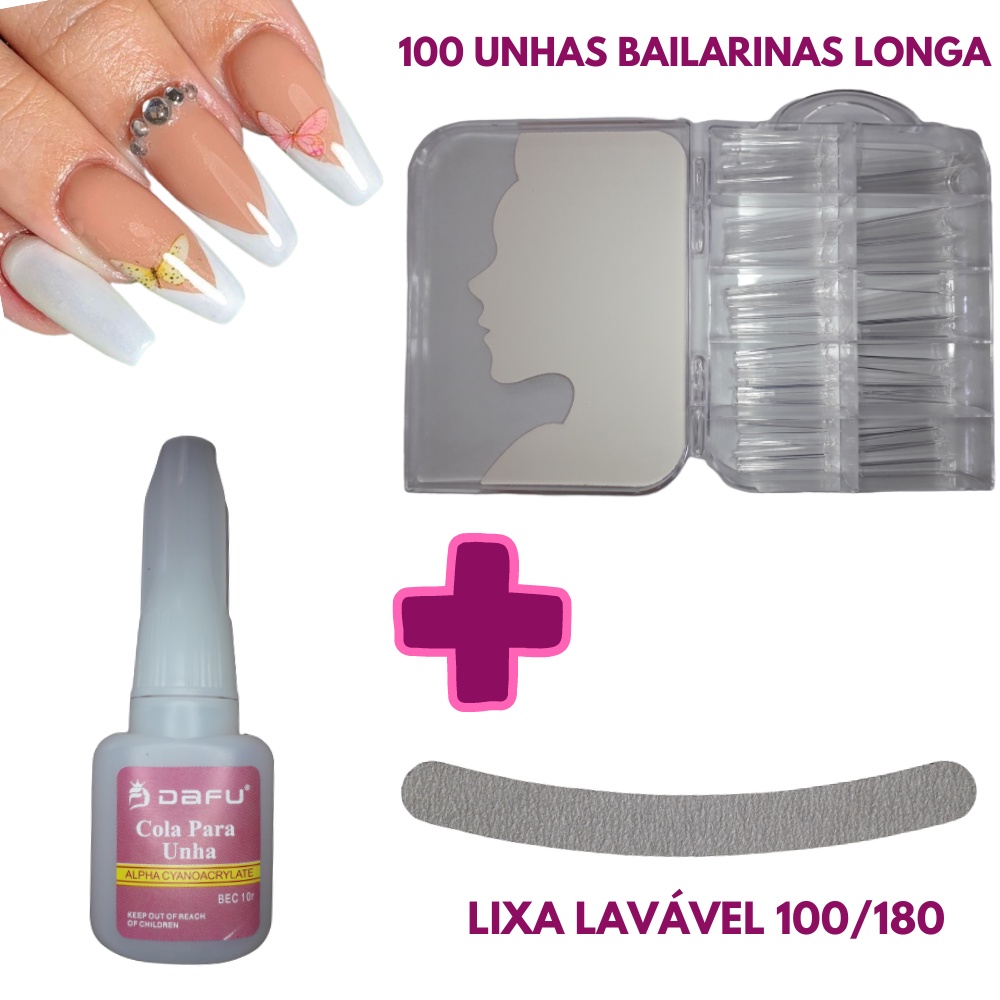 Unha Postiça Realista Bailarina TRANSPARENTE + COLA DE UNHA + LIXA BOOMERANG