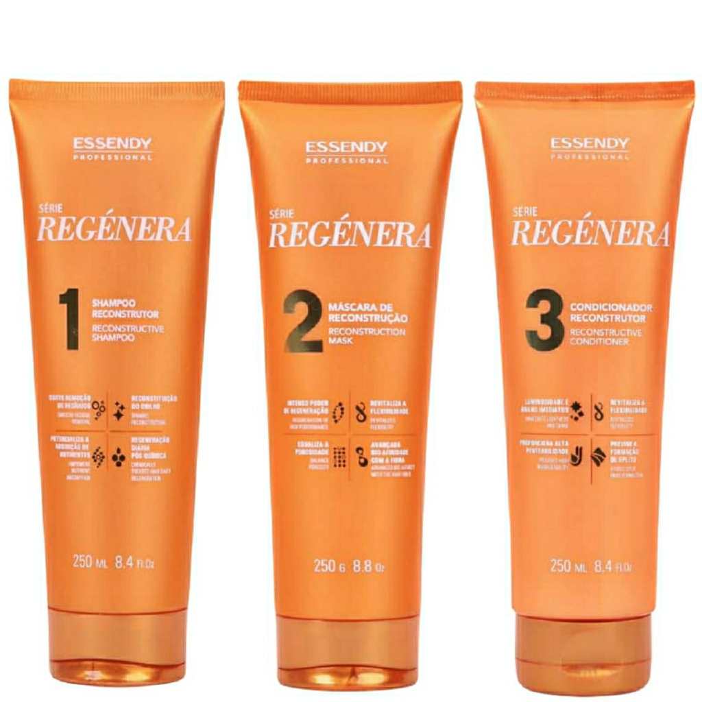 Kit Home Care Série Regénera 250ml Essendy - Shampoo Limpeza Suave, Máscara Capilar de Reconstrução e Condicionador Reconstrutor