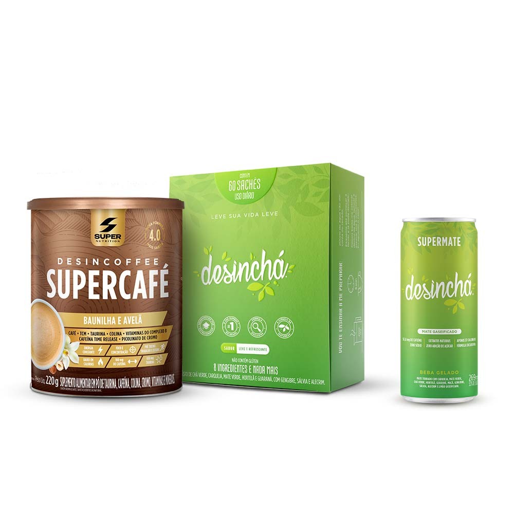 Kit Supercafé Desincoffe Baunilha c/ Avelã + Desinchá Dia 60 Sachês + Supermate Late - Food & Beverages
