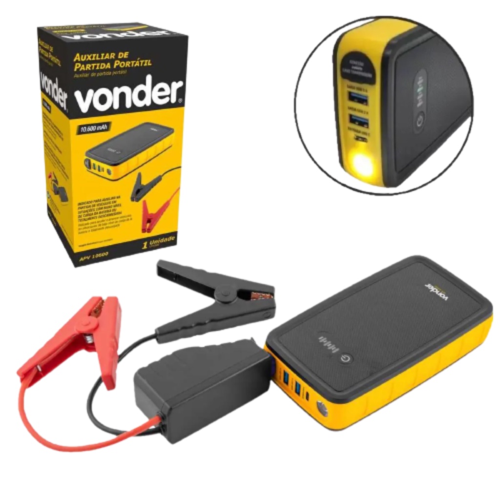 Auxiliar de Partida Portátil APV10600 12V 10600mAh com Lanterna LED e Carregador USB