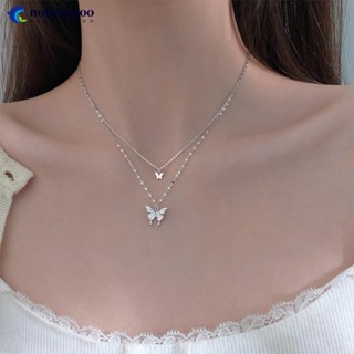NOBELJIAOO Colar De Borboleta De Camada Dupla Pingente Clavícula De Corrente De Diamante Cintilante Liga Jóias Femininas A8I5