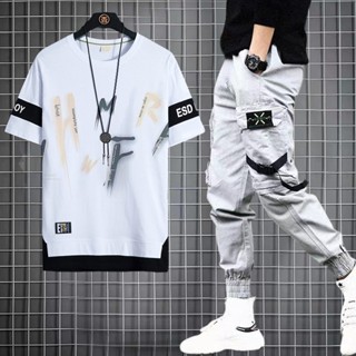 Ternos Masculinos Hip Hop Streetwear Calças De Carga + Camisetas De Manga Curta Moda Conjunto Casual Masculino