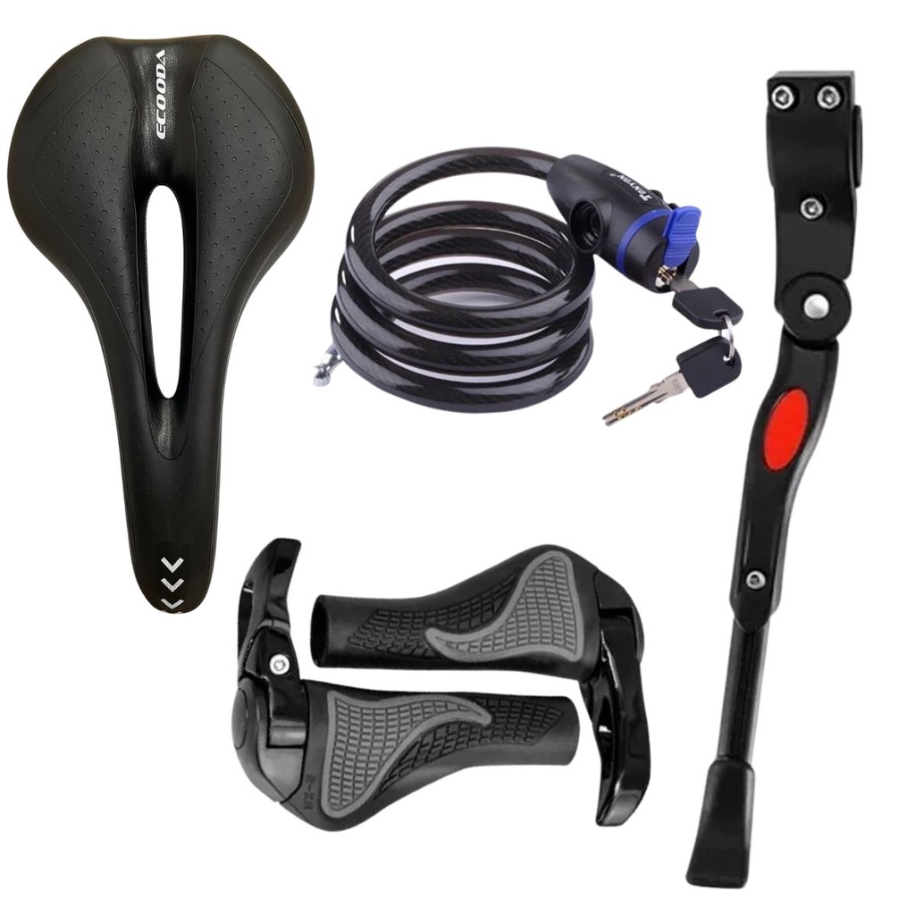 Kit de Bike 4 itens Cadeado + Pezinho Descanso Lateral + Par de Manoplas + Selim Banco Vazado em Gel