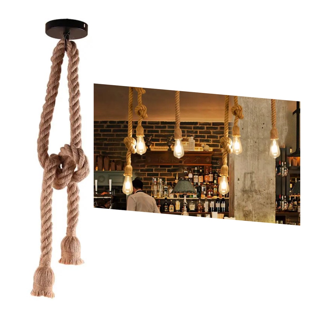 Pendente Corda Sisal Dupla 1,50M Lustre Vintage Retro Rústico Para Nó Com 2 Bocais E27 E Canopla De Metal Para Teto