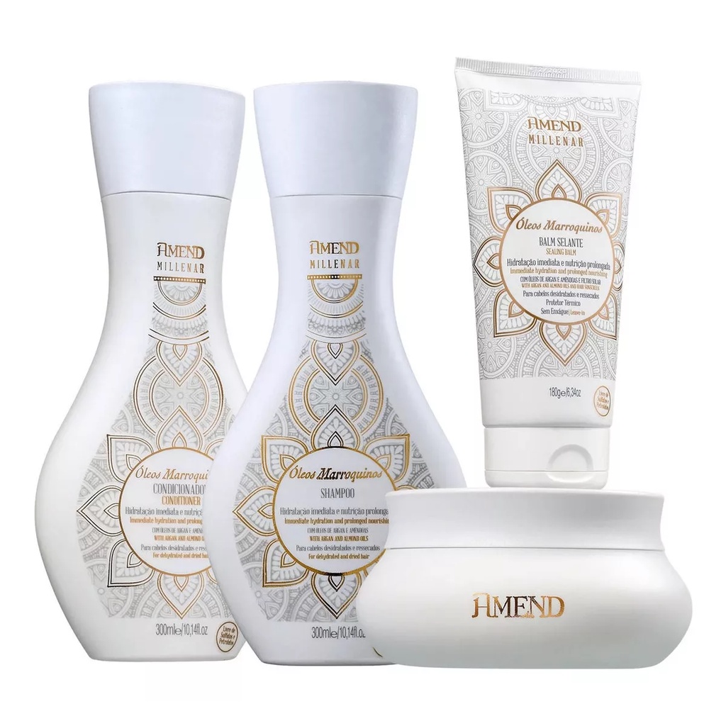 Kit Amend Marroquinos Shampoo Condicionador Mascara Leave condicionamento intenso efeito suavizante