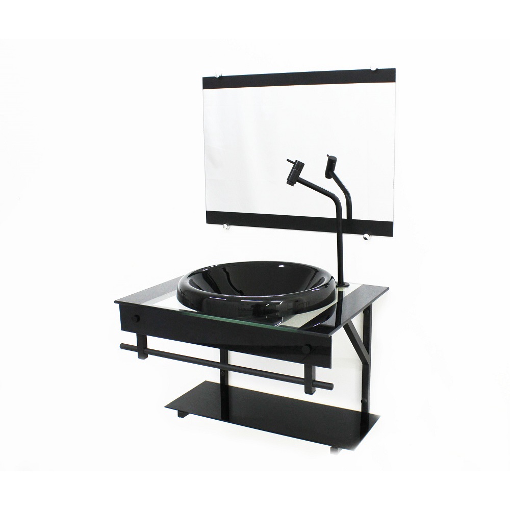 GABINETE COM CUBA PARA BANHEIRO DE VIDRO APX 60CM COM CUBA CHAPEU - PRETO
