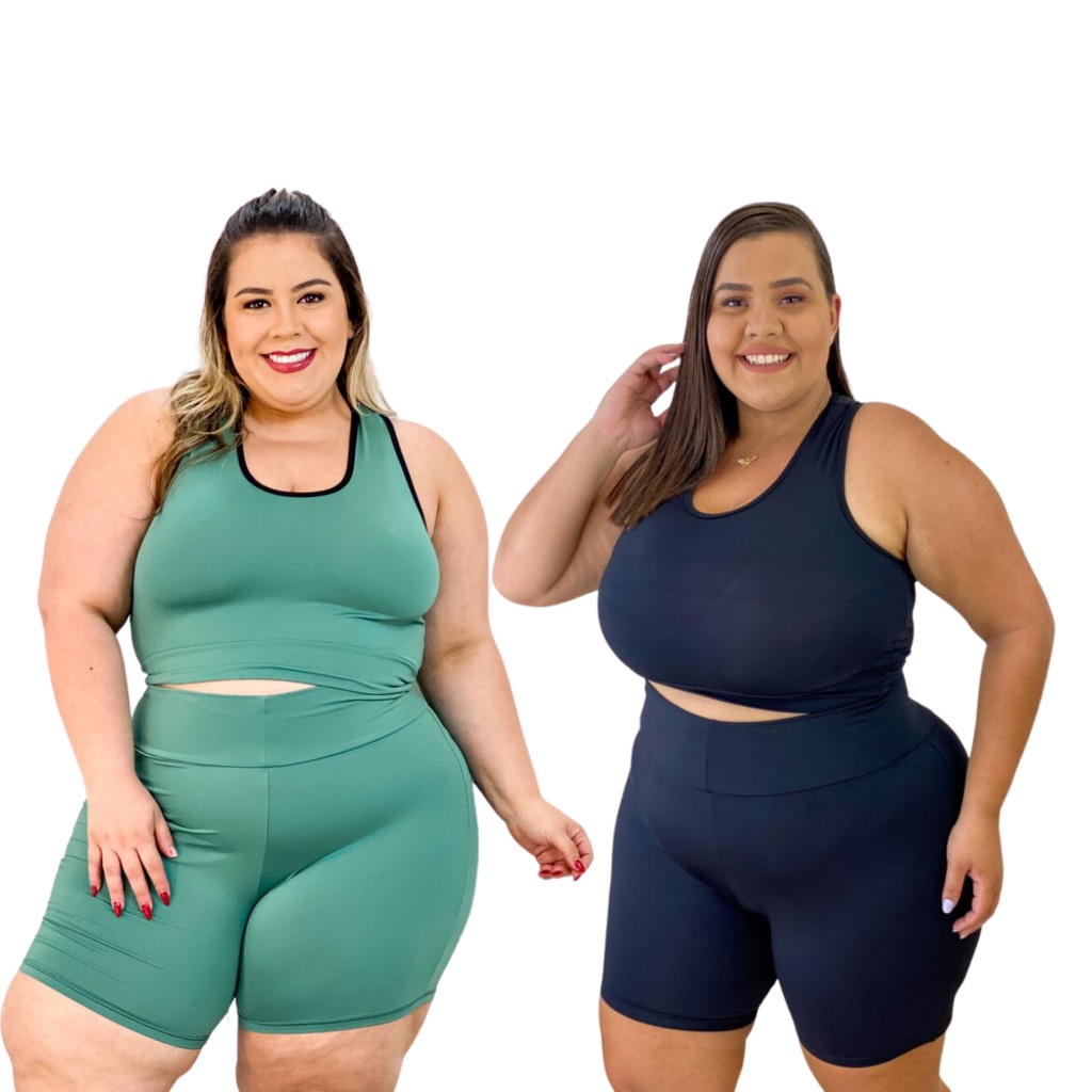 Kit de 2 Conjuntos Fitness Feminino Plus Size Roupa de Ginástica Treino Academia Musculação Caminha Zero Transparência