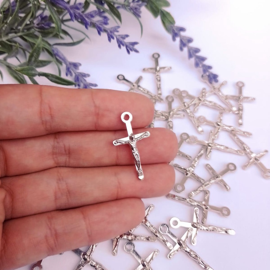 10 Cruz Pequena Dupla face Reta Níquel - Pingente Cruz para Terços de Pulso e Lembrancinhas