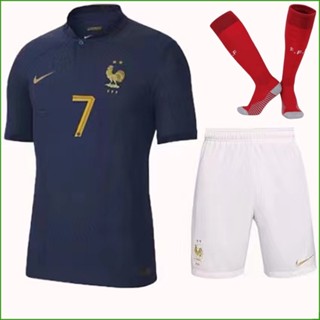 2022 Infantil kit Copa do Mundo Camisa de Time Conjunto França Home Camisa de futebol Meião Shorts Presente aniversário