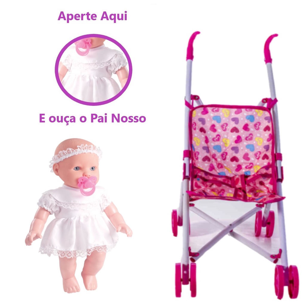 Kit Boneca Reza Primeira Oração Pai Nosso + Carrinho Bebê