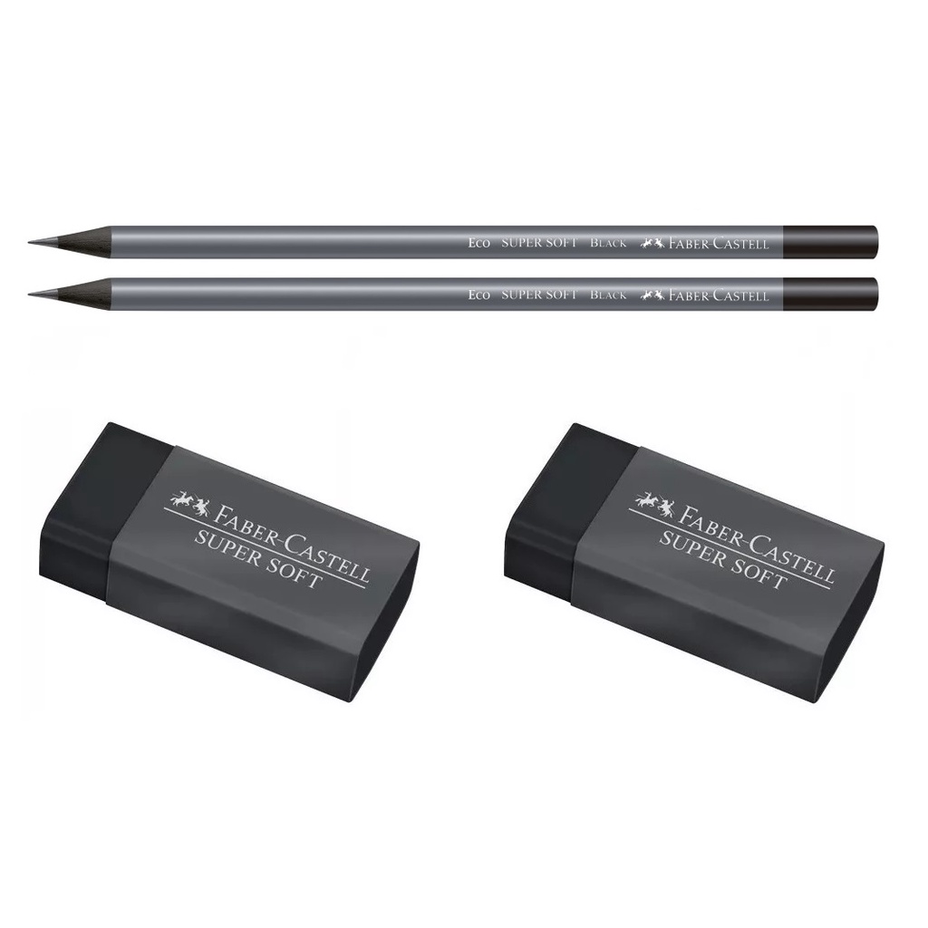 Kit Escolar Técnico Faber Castell Supersoft Black 2 Lápis + 2 Borrachas Dust Free