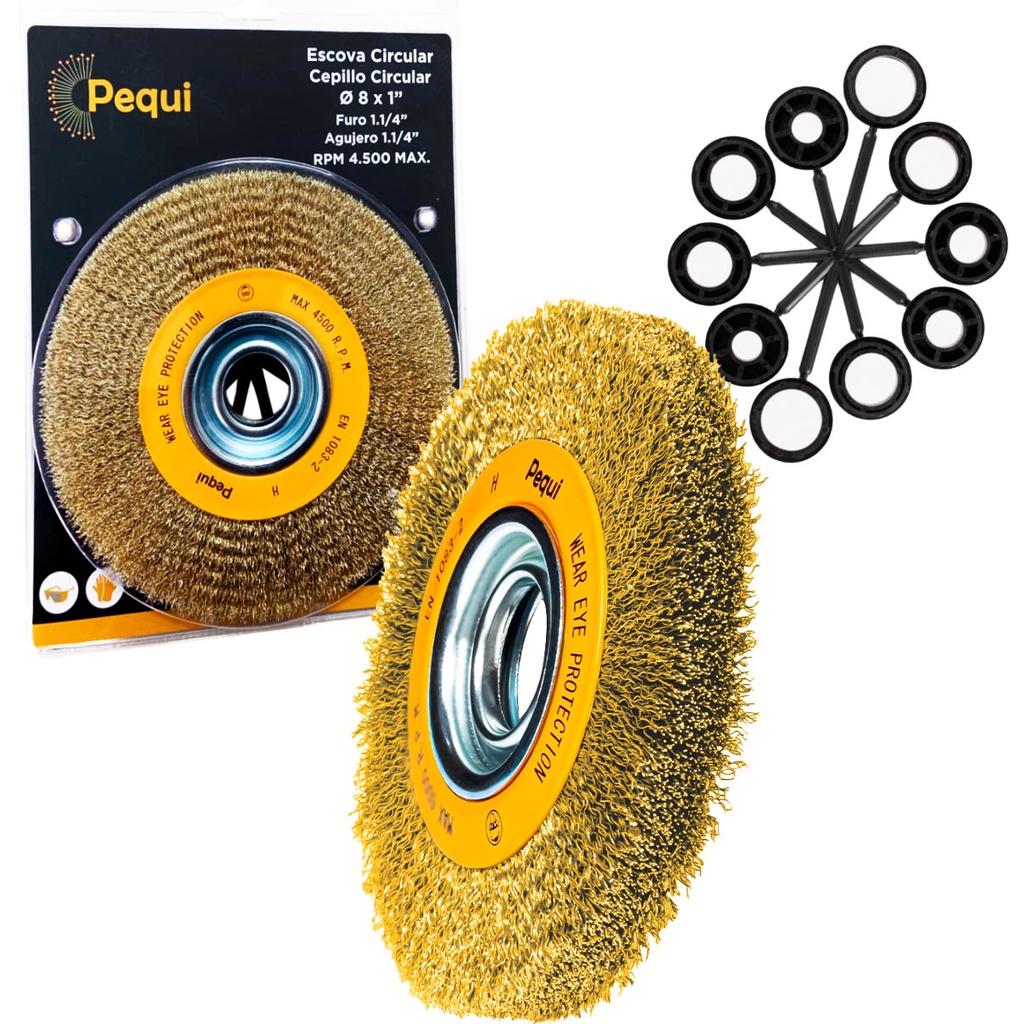 Escova Circular Ondulada PEQUI 8" x 1" Aço Latonado 0,30 mm Máx 4500 RPM
